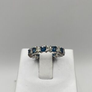 Sterling Silver Princess Cut Simulated Sapphire & Diamond Eternity Band Ring 7